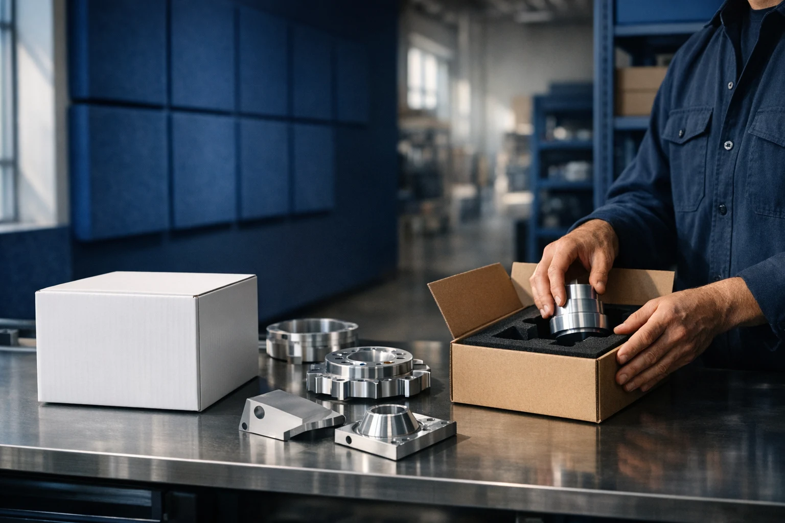 Careful packing of precision components in a blue industrial workshop