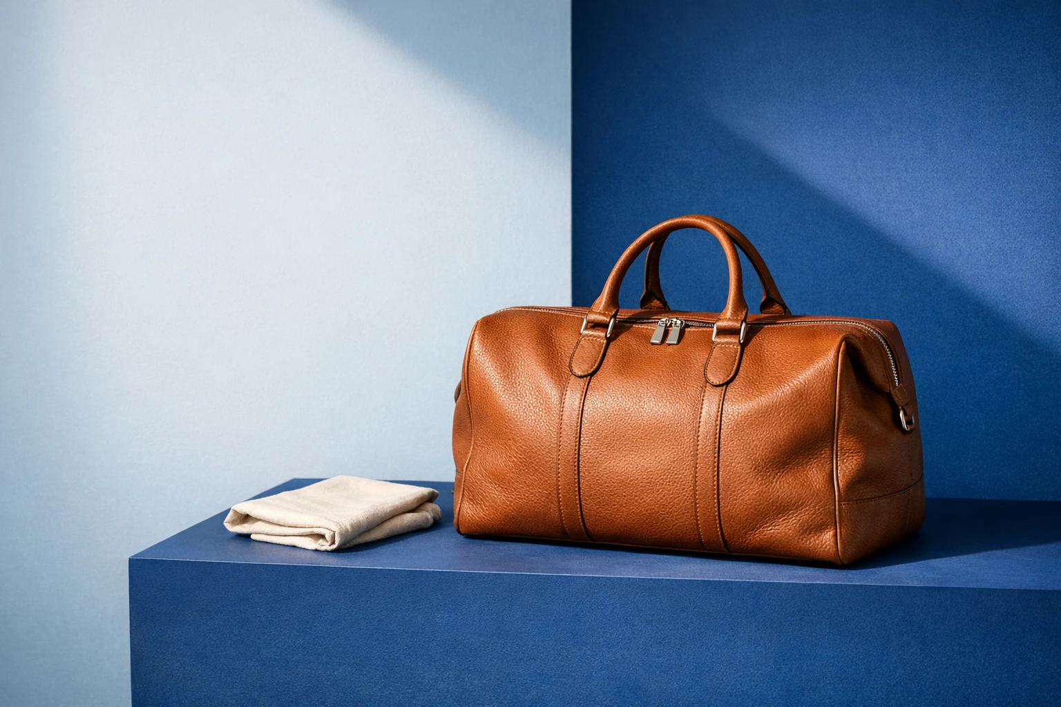 A leather weekend bag presented as a considered retail product experience