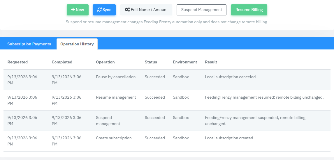 Northline renewal detail showing lifecycle controls and the local operation history.