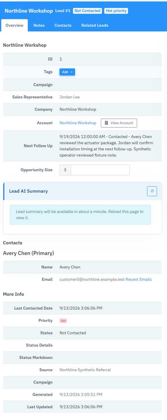 Northline lead detail showing Avery Chen, Jordan Lee and the linked commerce account.