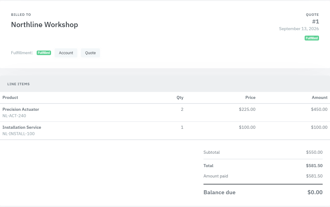 Northline basket showing amount paid, zero balance and a distinct fulfillment state.