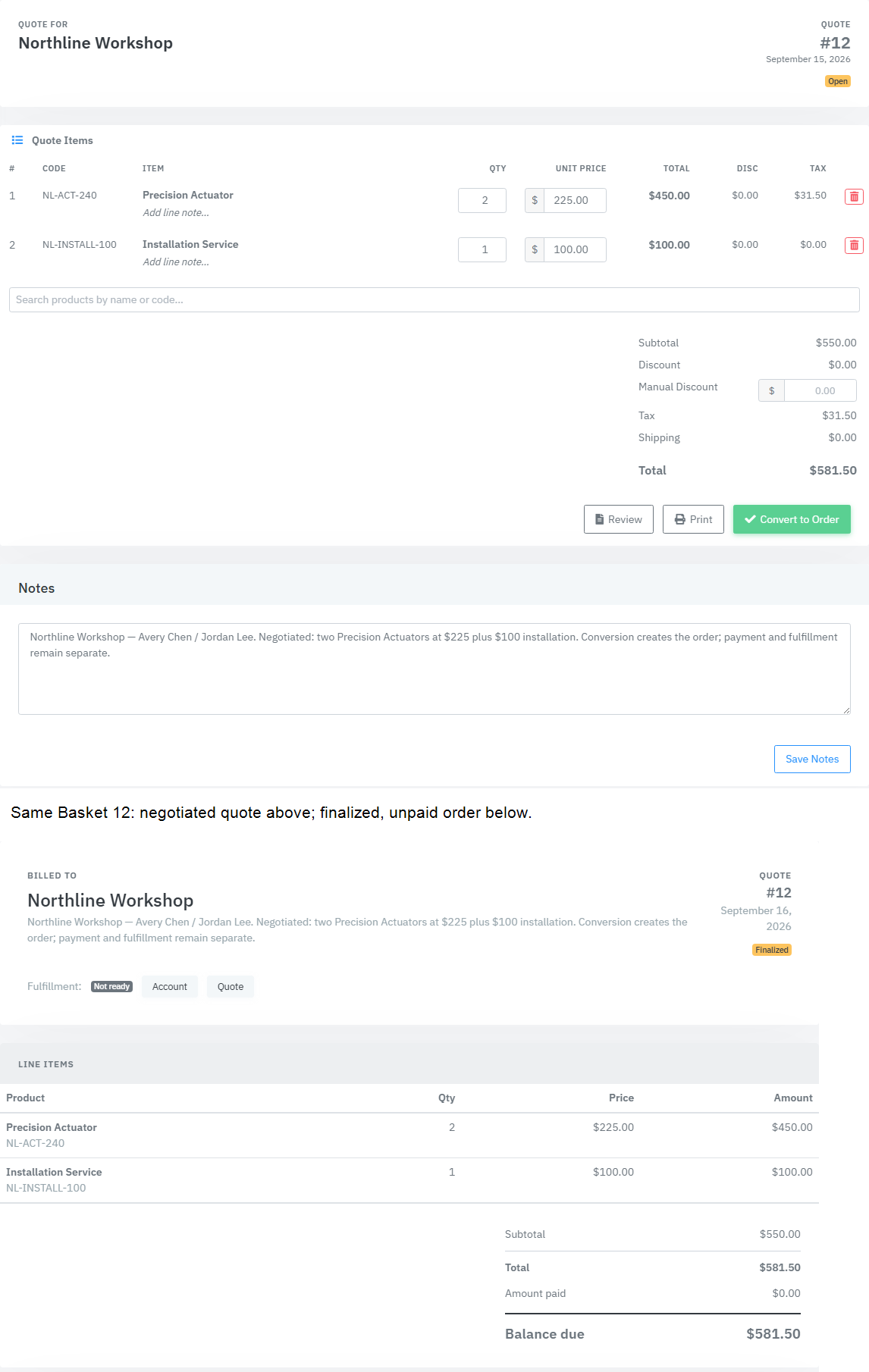 Northline quote showing the negotiated total and conversion to the same finalized BasketID.