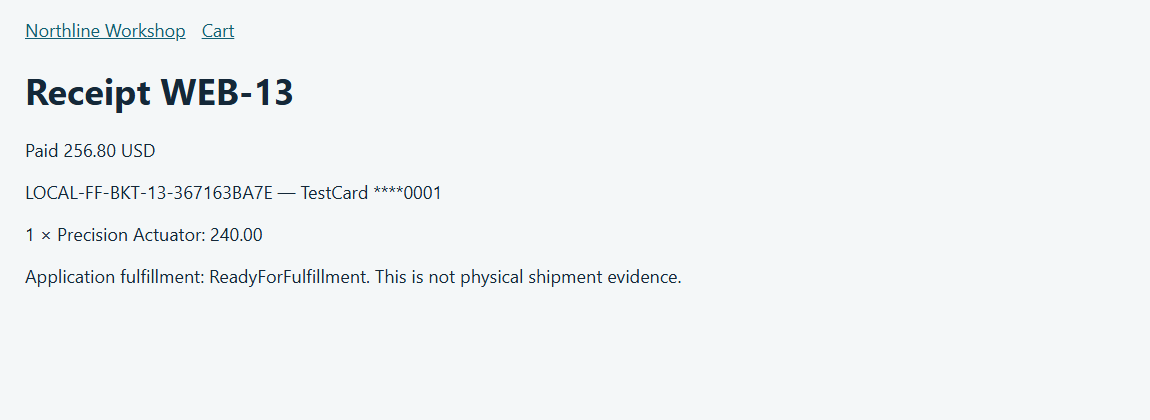Northline consumer confirmation showing a single local-test payment for Basket 13.