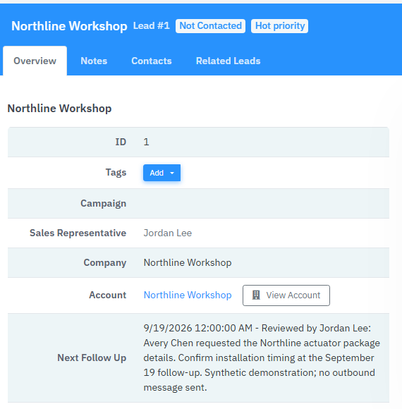 Northline lead showing Jordan Lee, the saved reviewed note and the persisted follow-up date.