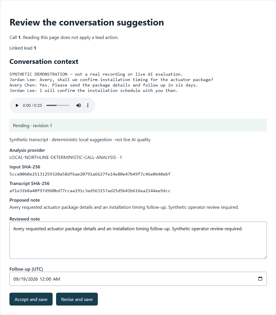 Northline call review showing a synthetic transcript, linked lead and pending local suggestion.